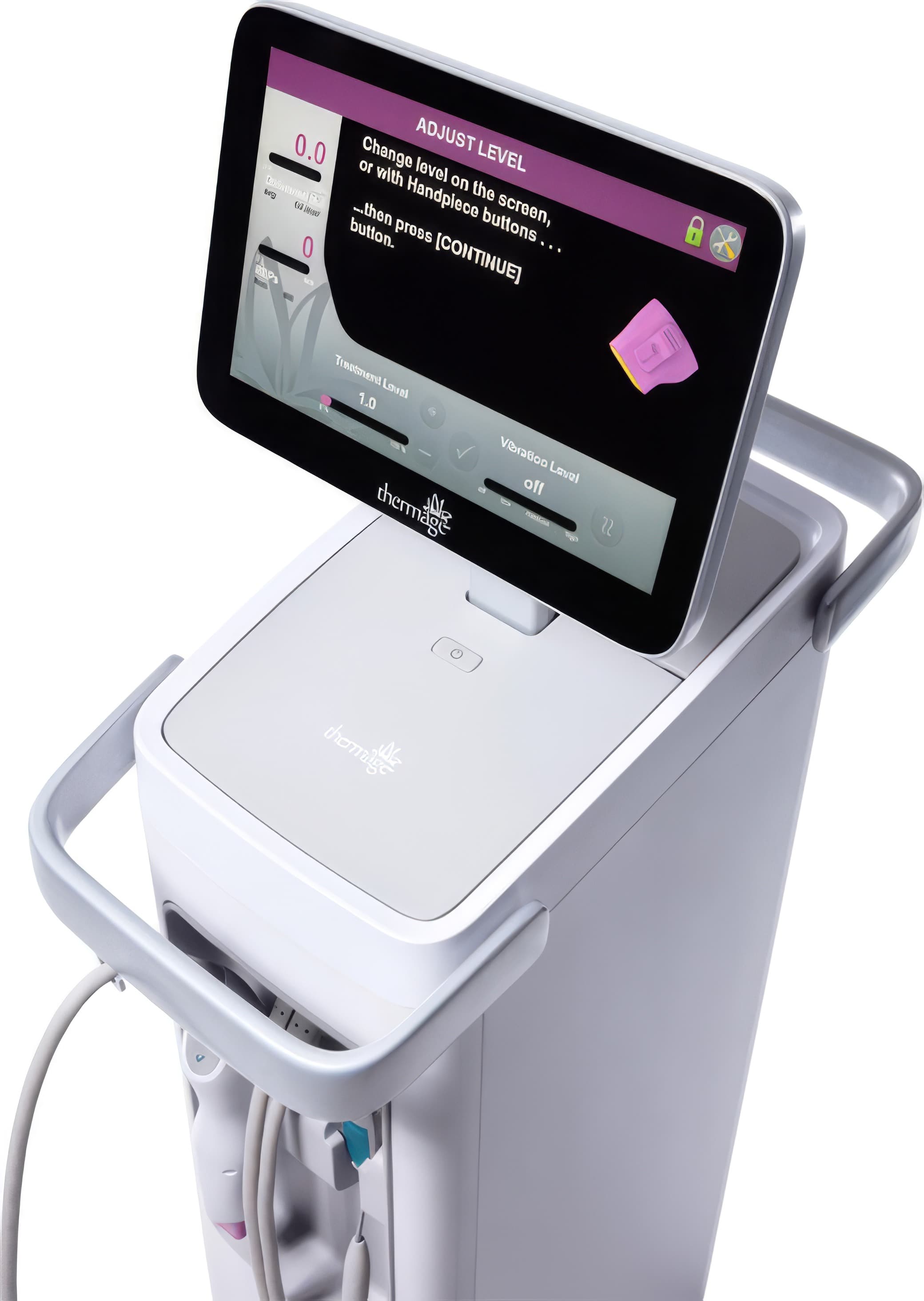 ตัวเครื่อง Thermage FLX พร้อมหน้าจอควบคุมและหัวจ่ายพลังงานที่วางบนแท่น